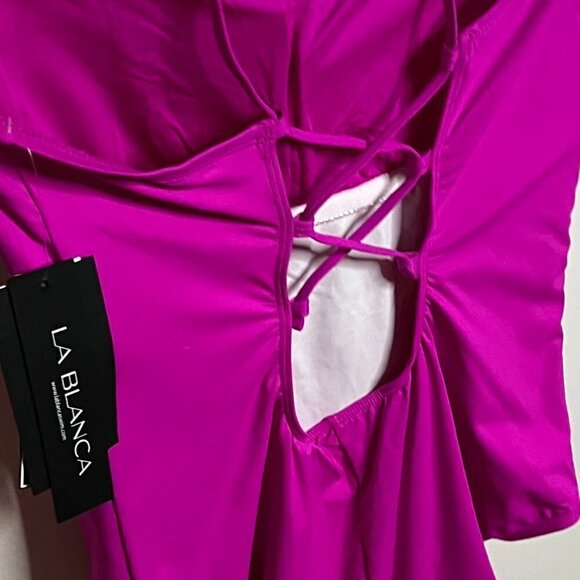 La Blanca Island Goddess Lace Back One Shoulder One Piece - Pop Pink Size 14 - Picture 7 of 7